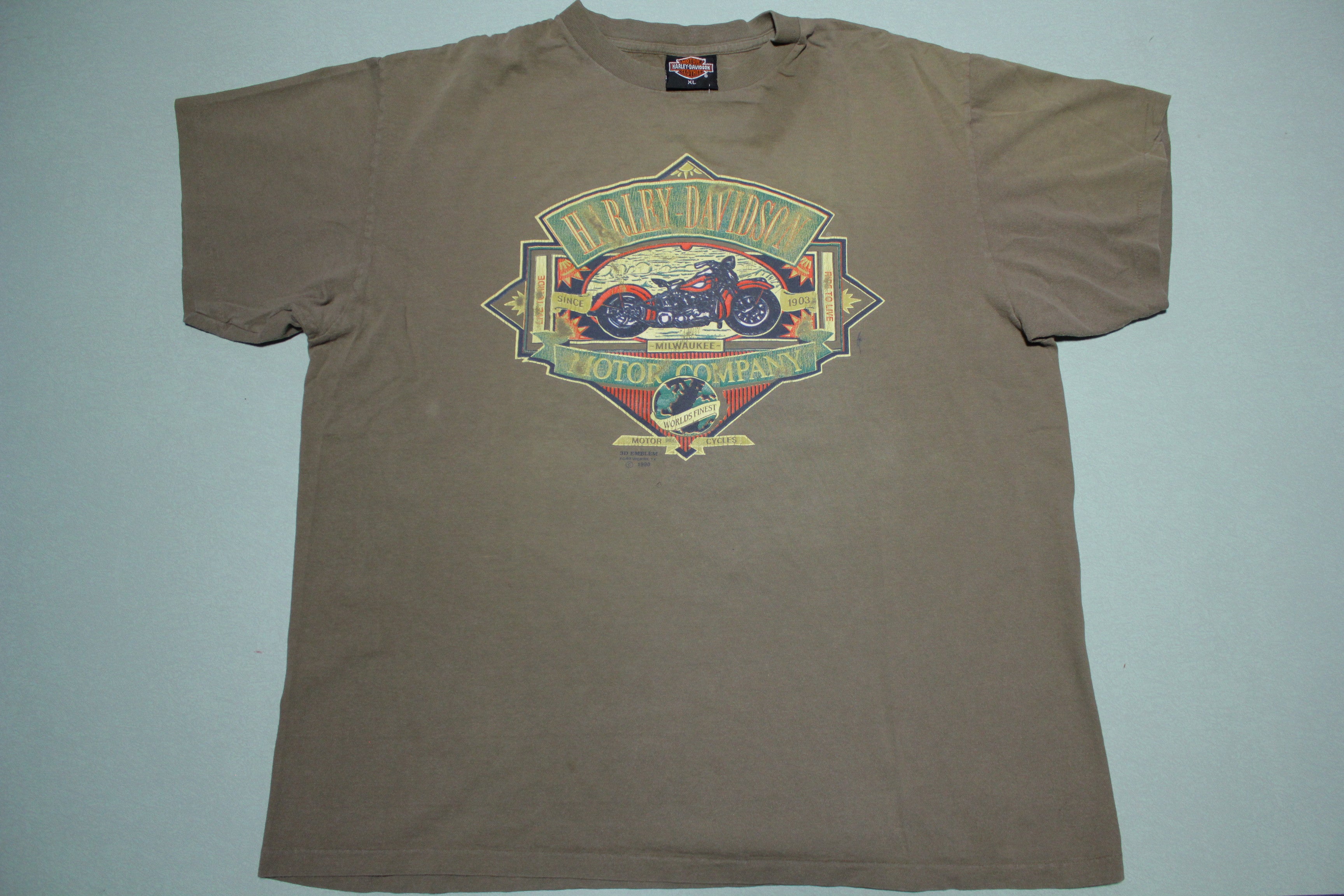 Harley Davidson Motorcycles Vintage 1990 USA 3D Emblem Ride to Live T-Shirt