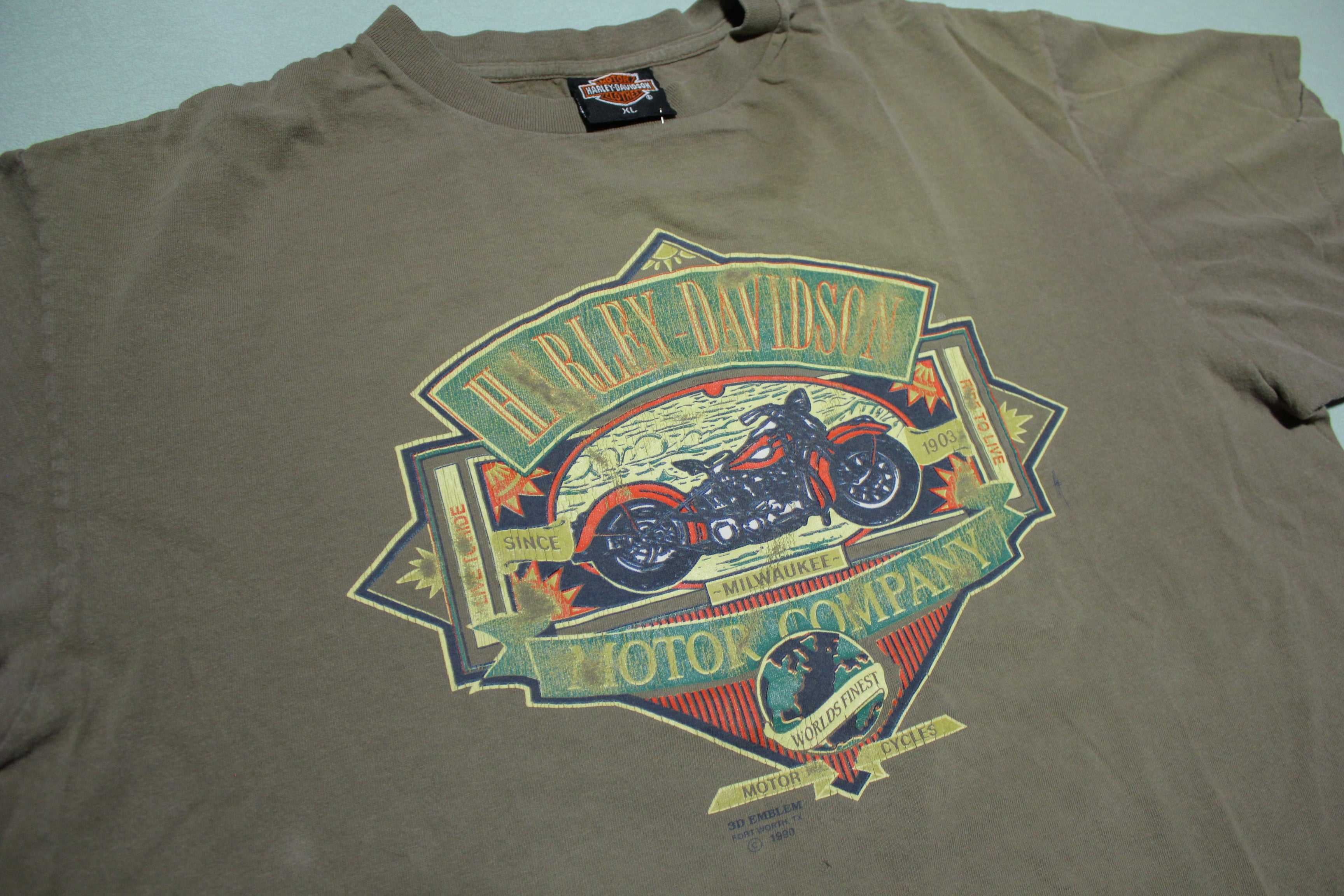 Harley Davidson Motorcycles Vintage 1990 USA 3D Emblem Ride to Live T-Shirt