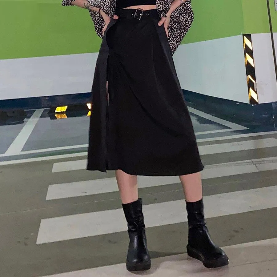 High Waist Black Midi Skirt Women Summer Casual Split Long Skirt