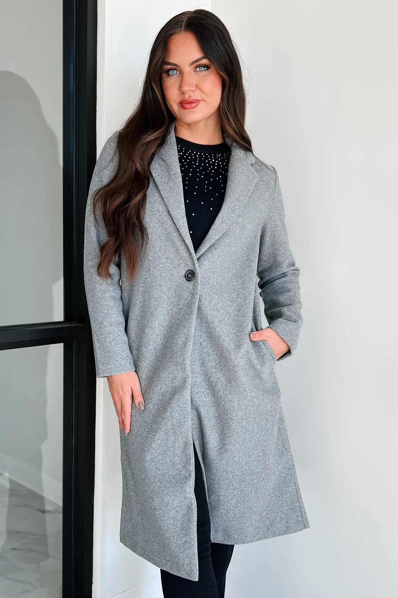 It's A Long Story Brushed Fleece Long Coat (Grey)