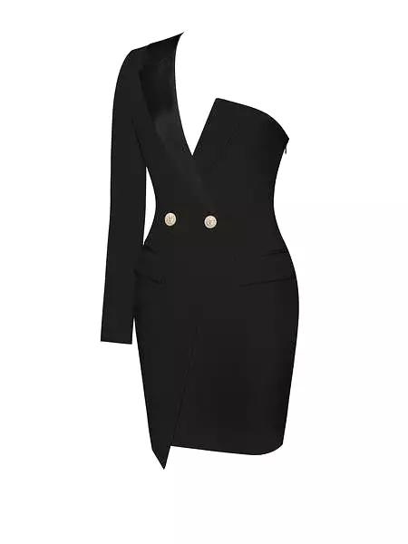 Keep One Up One Sleeved Black Crepe Tuxedo Blazer Dress