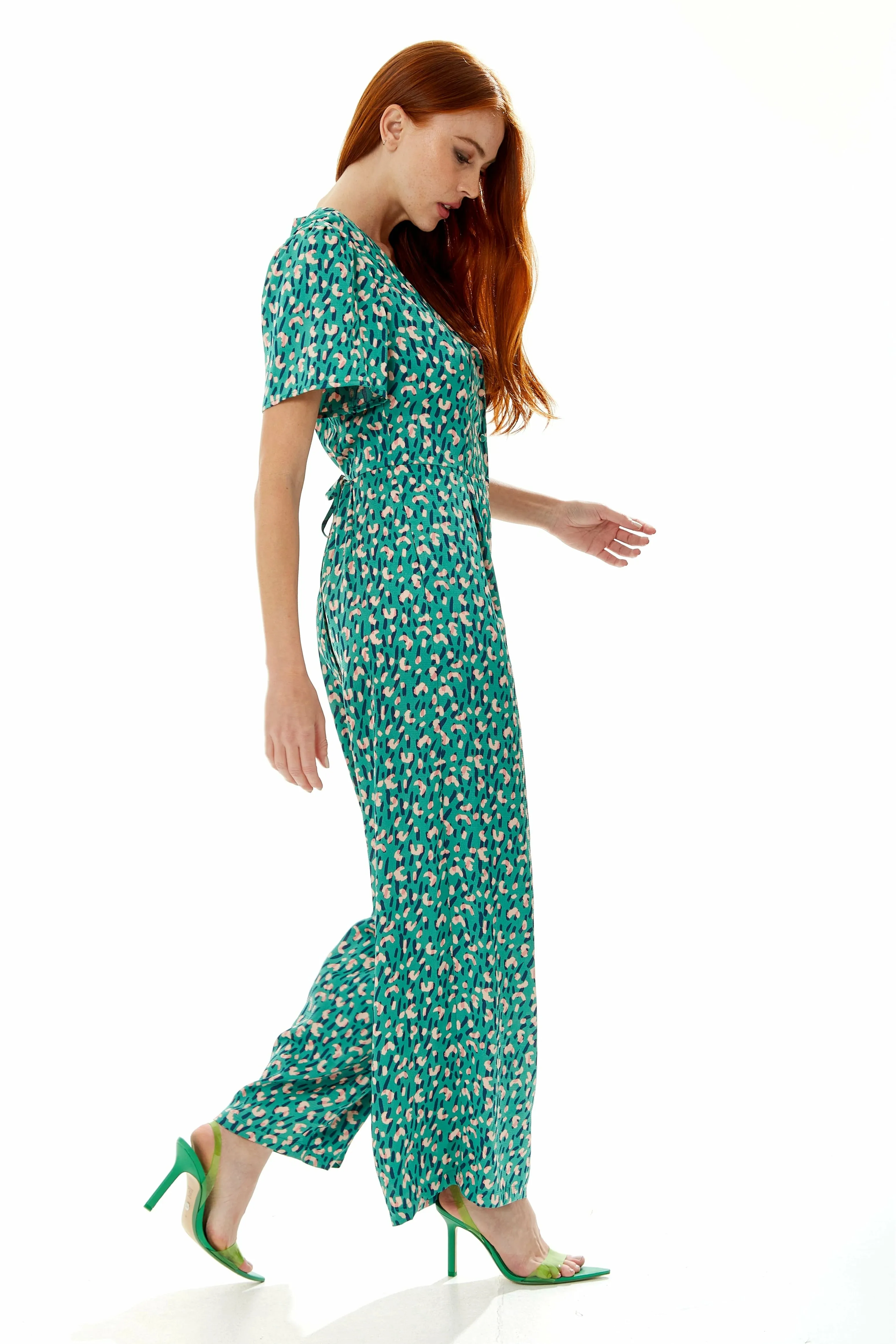 Liquorish Stroke Print Jumpsuit In Green