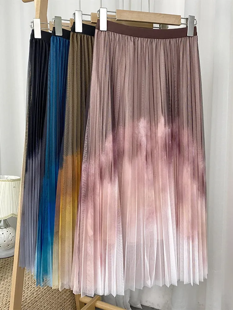 Long Gradient Color Tie Dye Print Pleated Skirt Elastic High Waist Casual Tulle Midi Skirt