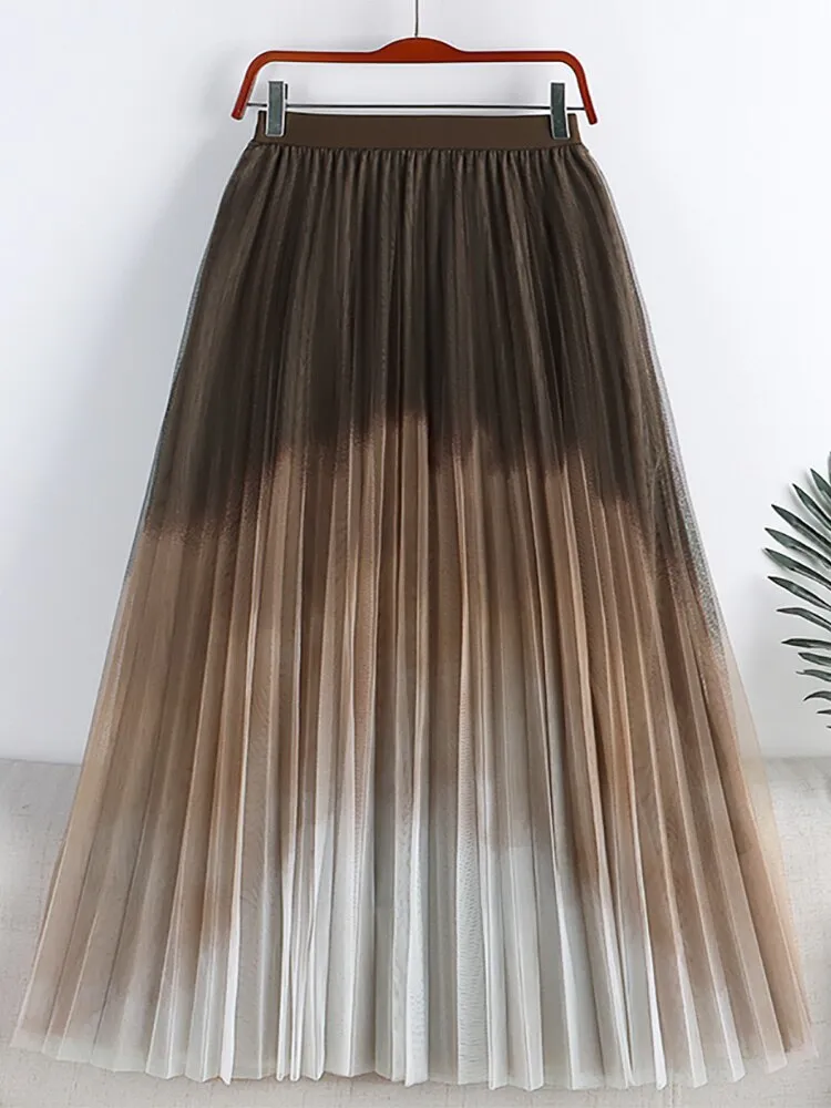 Long Gradient Color Tie Dye Print Pleated Skirt Elastic High Waist Casual Tulle Midi Skirt