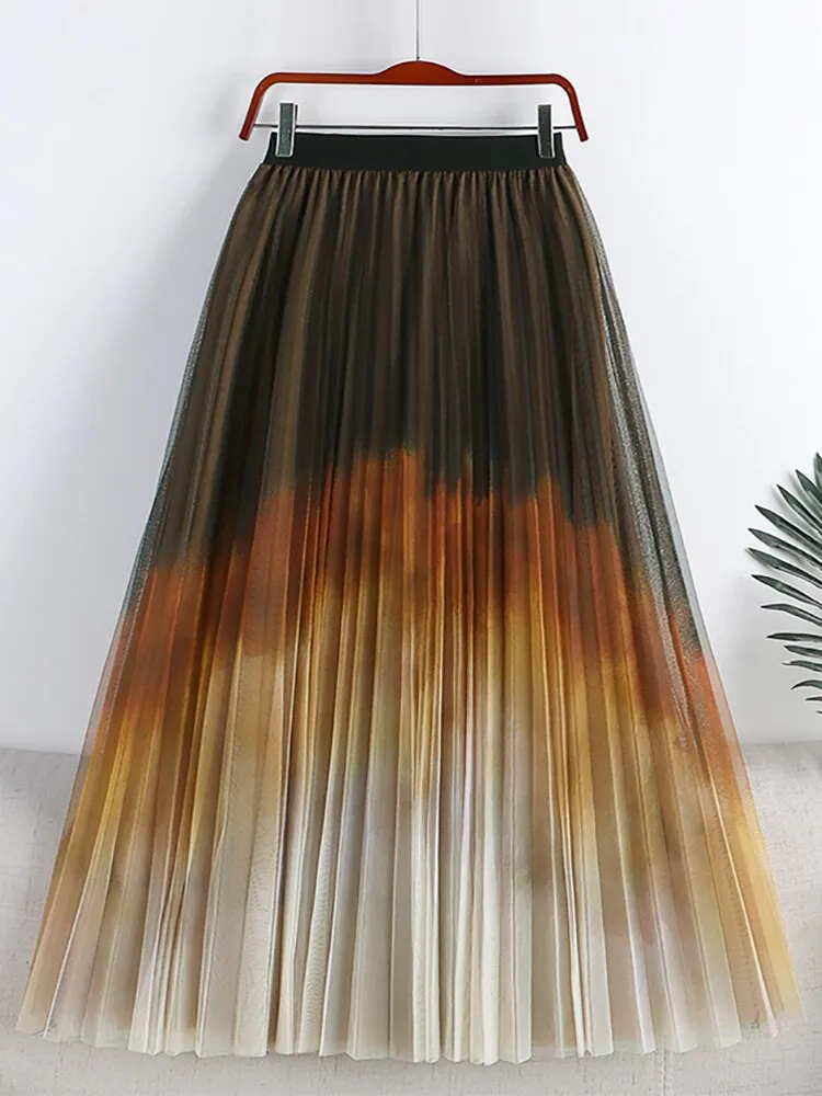 Long Gradient Color Tie Dye Print Pleated Skirt Elastic High Waist Casual Tulle Midi Skirt