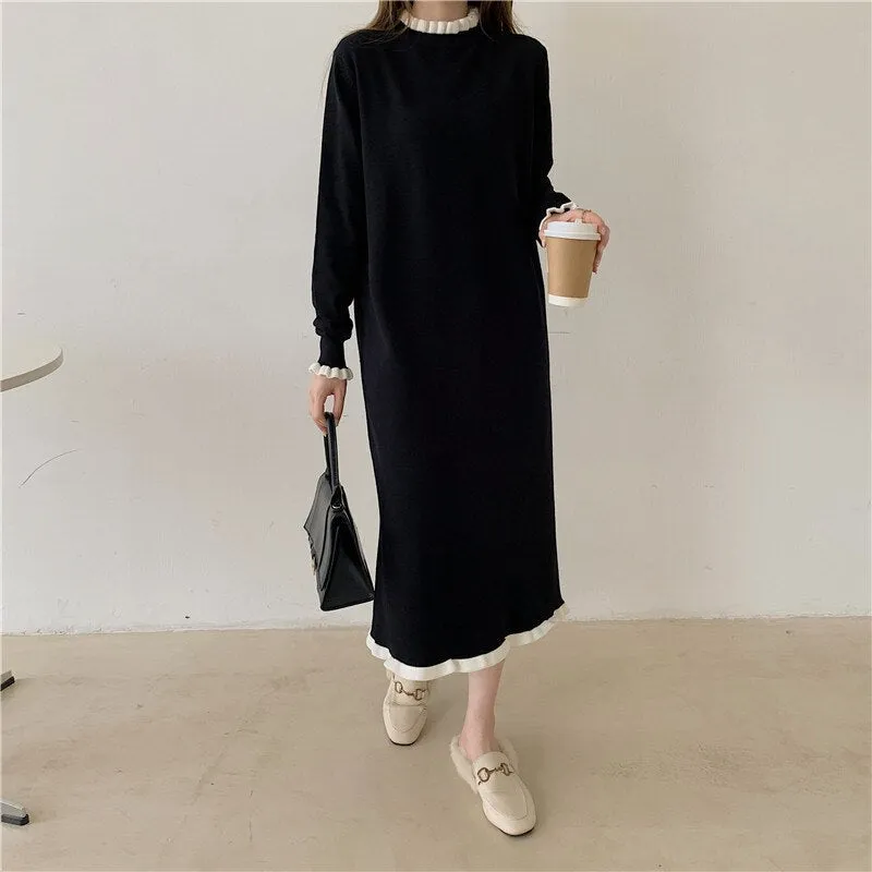 Long Sleeve Black Casual Knitted Dress Winter Contrast Color Frill Trim Elegant Loose Midi Dress