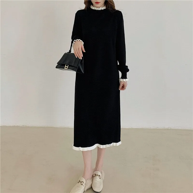 Long Sleeve Black Casual Knitted Dress Winter Contrast Color Frill Trim Elegant Loose Midi Dress