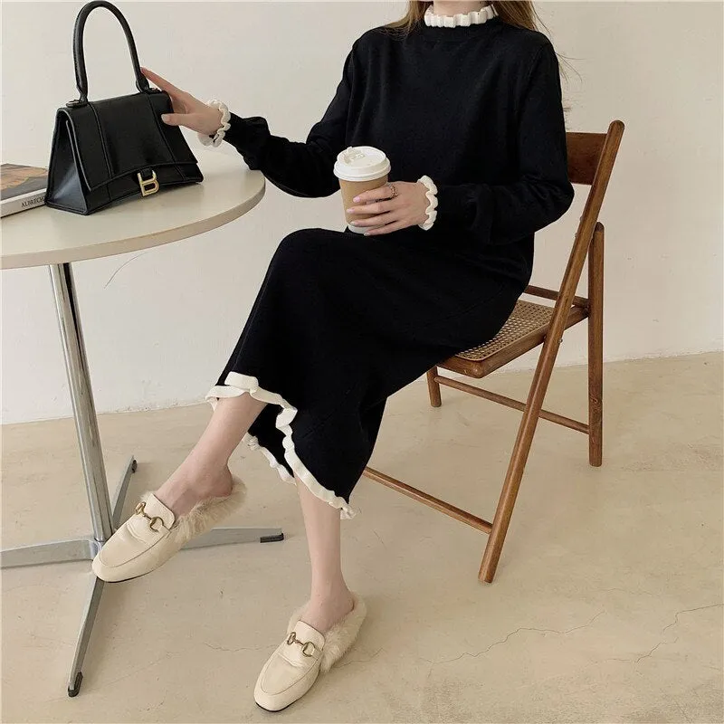 Long Sleeve Black Casual Knitted Dress Winter Contrast Color Frill Trim Elegant Loose Midi Dress