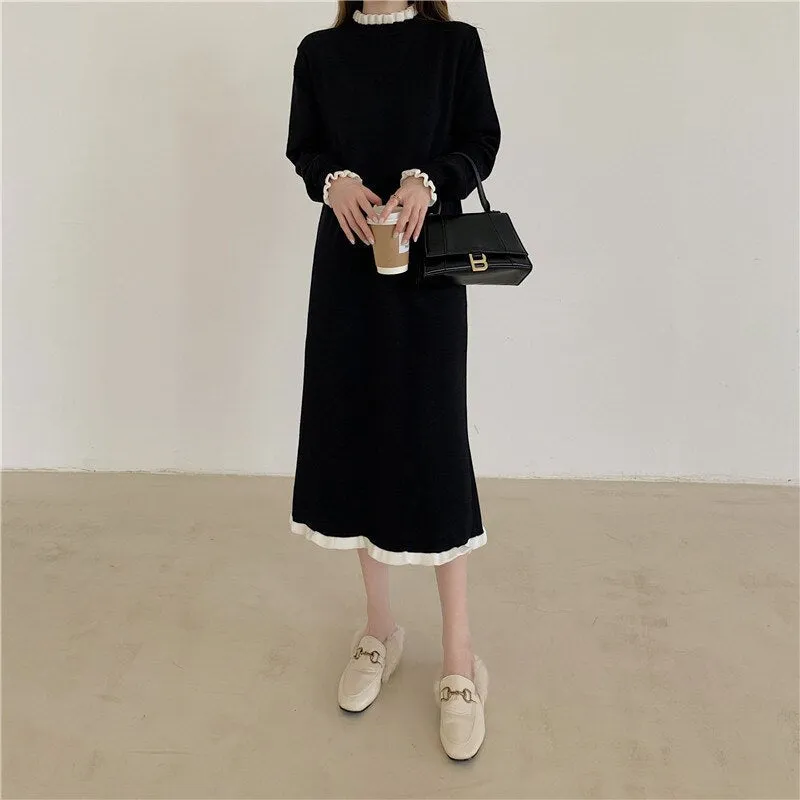 Long Sleeve Black Casual Knitted Dress Winter Contrast Color Frill Trim Elegant Loose Midi Dress