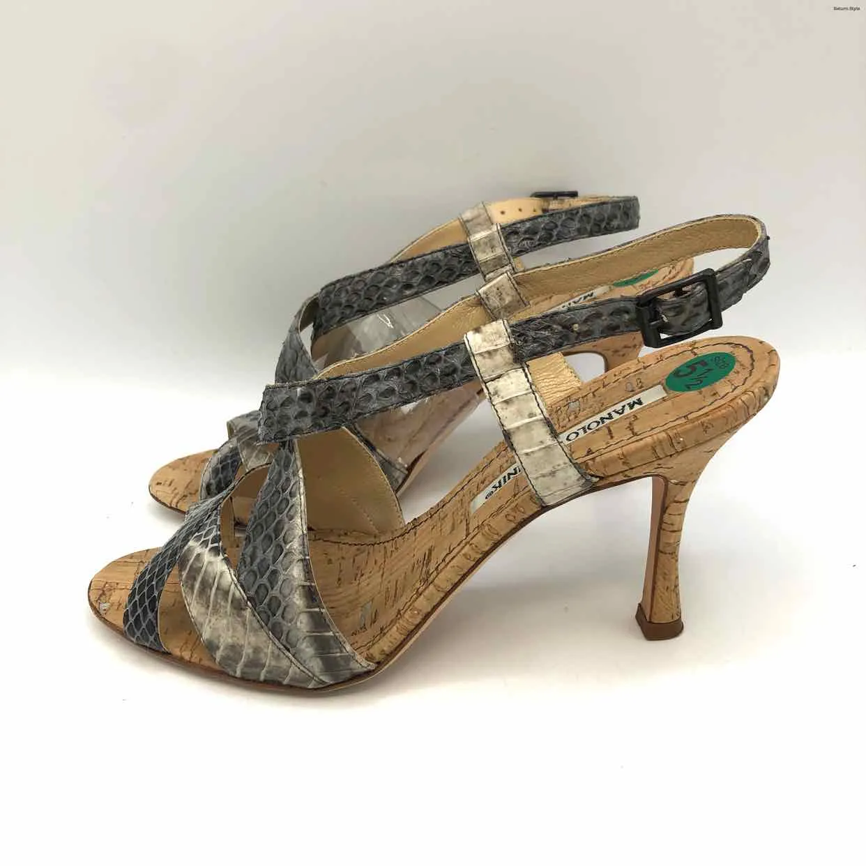 MANOLO BLAHNIK Gray Beige Leather Made in Italy Snake Pattern 3.5 Heel Shoes