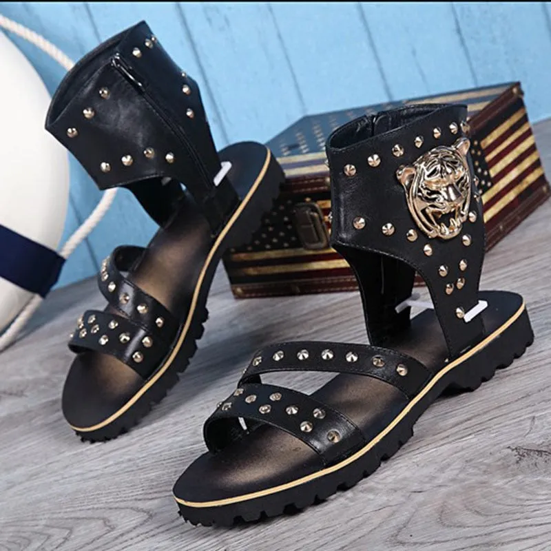 Men's Luxury Handmade Genuine Leather Rivets Decor Ankle Sandal Shoes