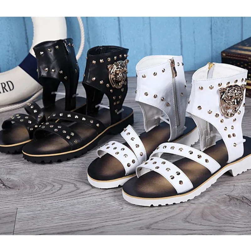 Men's Luxury Handmade Genuine Leather Rivets Decor Ankle Sandal Shoes