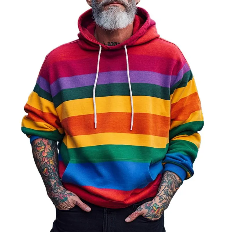 Men's Retro Casual Colorblock Rainbow Stripe Hoodie 16422191TO