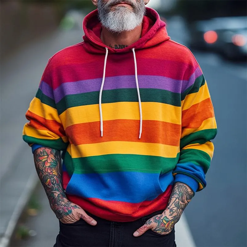 Men's Retro Casual Colorblock Rainbow Stripe Hoodie 16422191TO