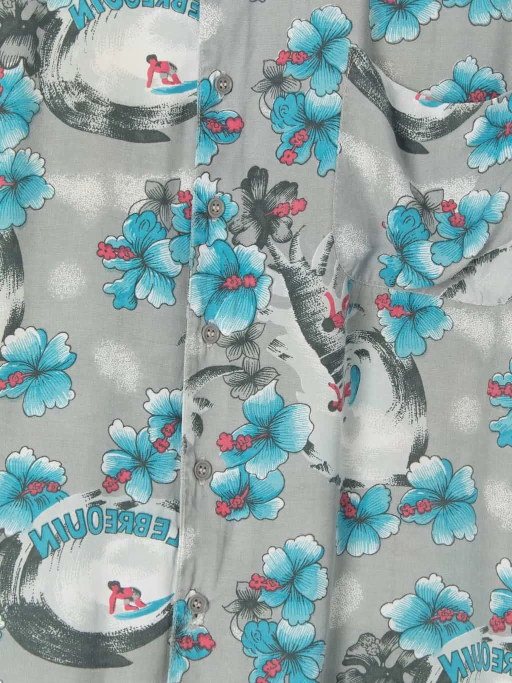 Mens Vintage 90s grey Hawaiian shirt with blue and red flowers and surfers in barrel wave – XL / 2XL