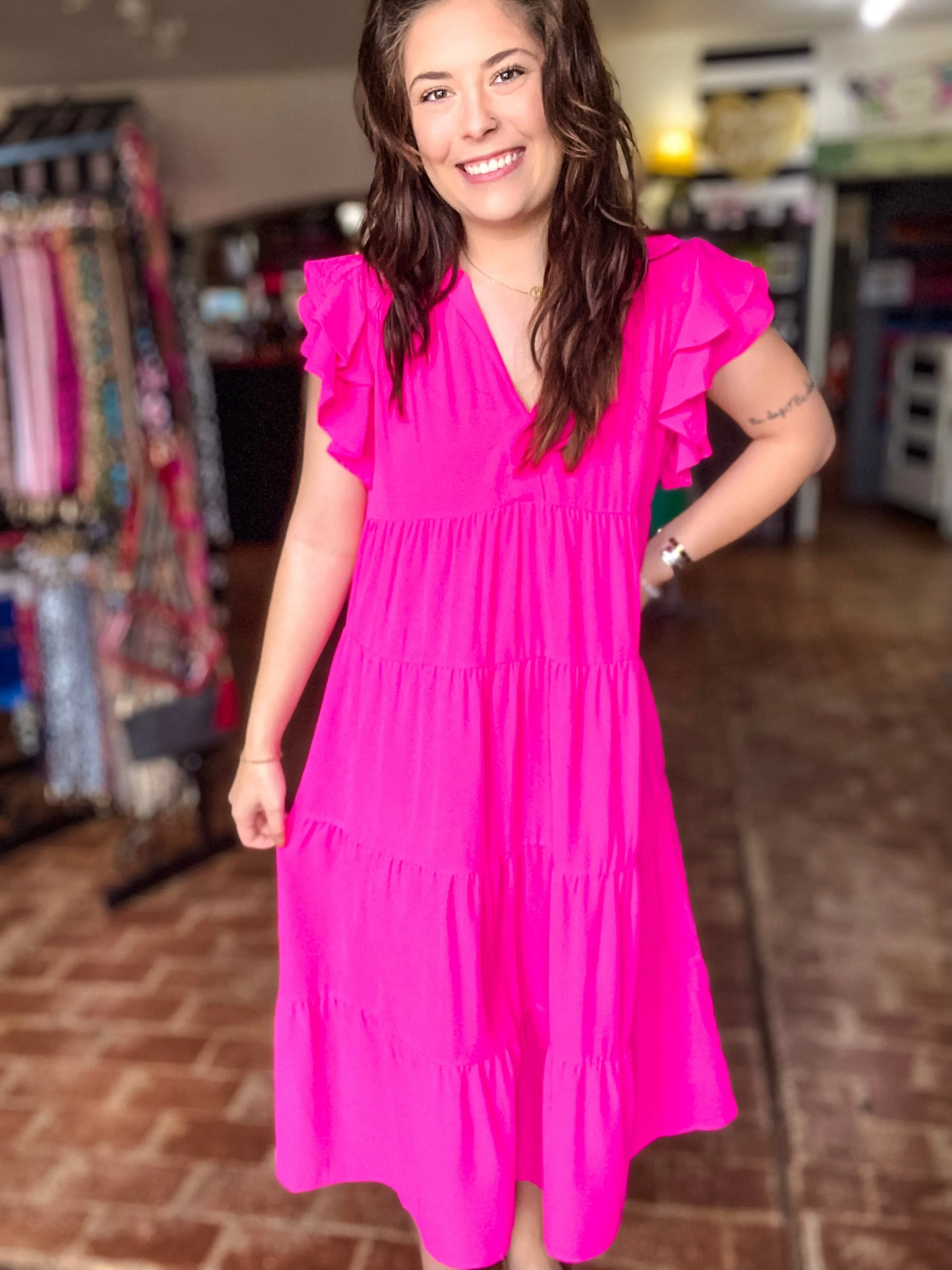 Molly Flutter Sleeve Dress-Hot Pink