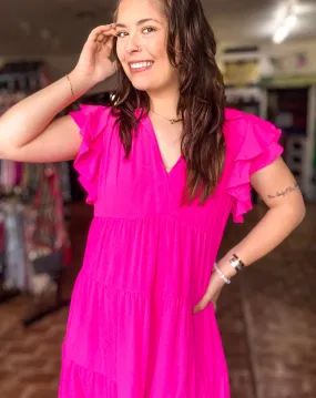 Molly Flutter Sleeve Dress-Hot Pink