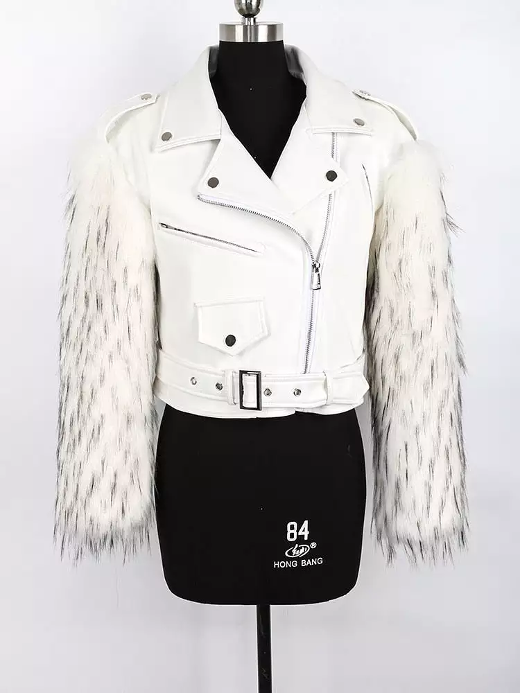 Motorcycle Jackets Winter Thick Warm Cool Short White Leather Biker Jacket with Faux Fur Inside and Long Sleeve Runway Designer 