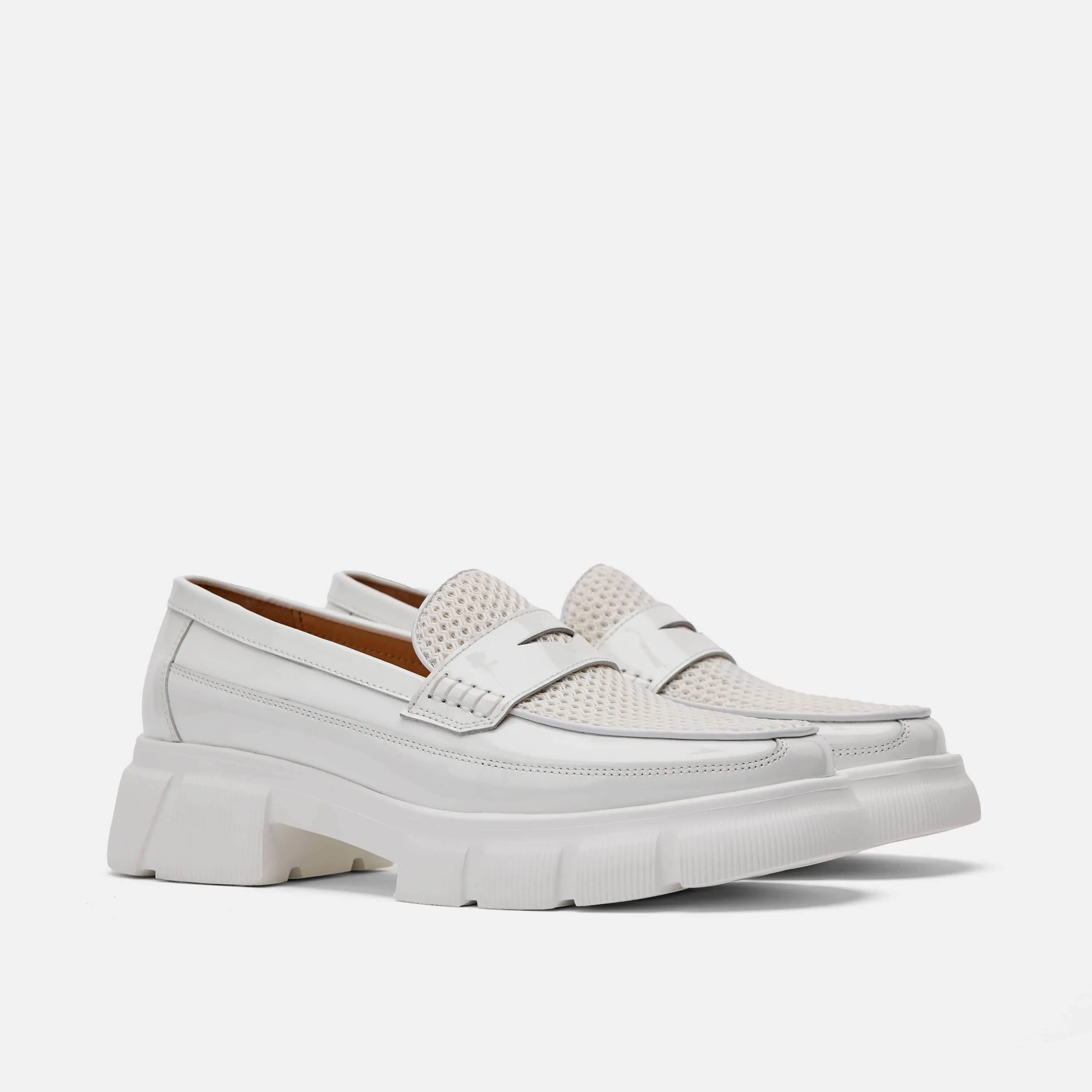 Ms. Calum White Patent Leather Penny Loafers