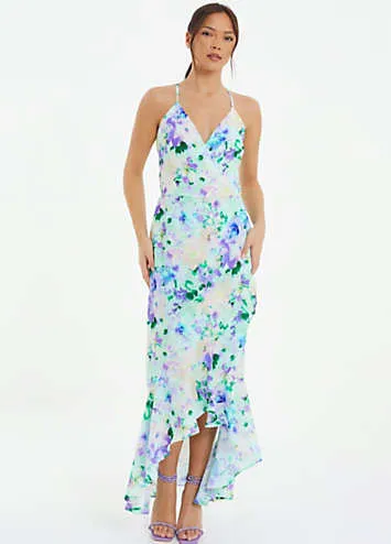 Multi Floral Crepe Strappy Midi Dress with Frill Detail by Quiz | Look Again