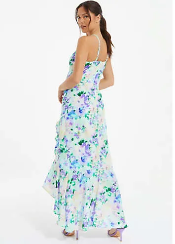 Multi Floral Crepe Strappy Midi Dress with Frill Detail by Quiz | Look Again