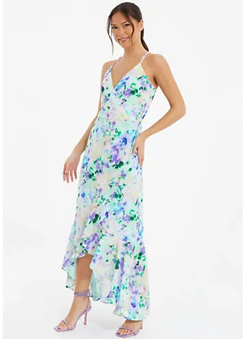 Multi Floral Crepe Strappy Midi Dress with Frill Detail by Quiz | Look Again