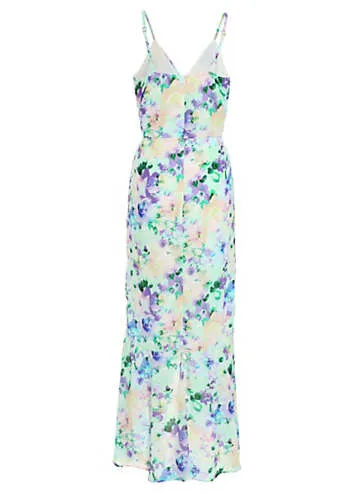 Multi Floral Crepe Strappy Midi Dress with Frill Detail by Quiz | Look Again