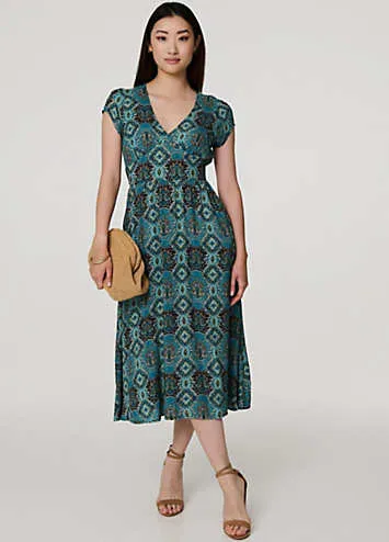 Multi Green Printed V-Neck Cap Sleeve Midi Dress by Izabel London | Look Again