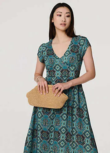 Multi Green Printed V-Neck Cap Sleeve Midi Dress by Izabel London | Look Again