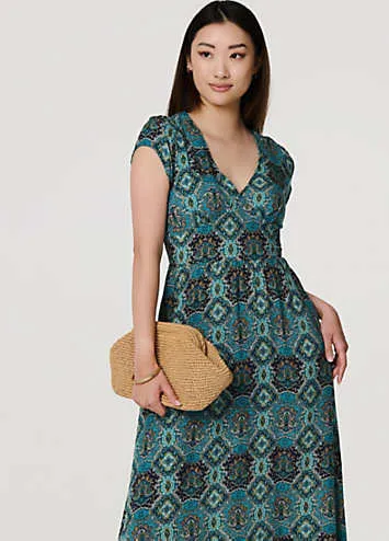 Multi Green Printed V-Neck Cap Sleeve Midi Dress by Izabel London | Look Again