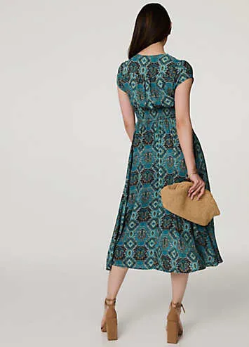 Multi Green Printed V-Neck Cap Sleeve Midi Dress by Izabel London | Look Again