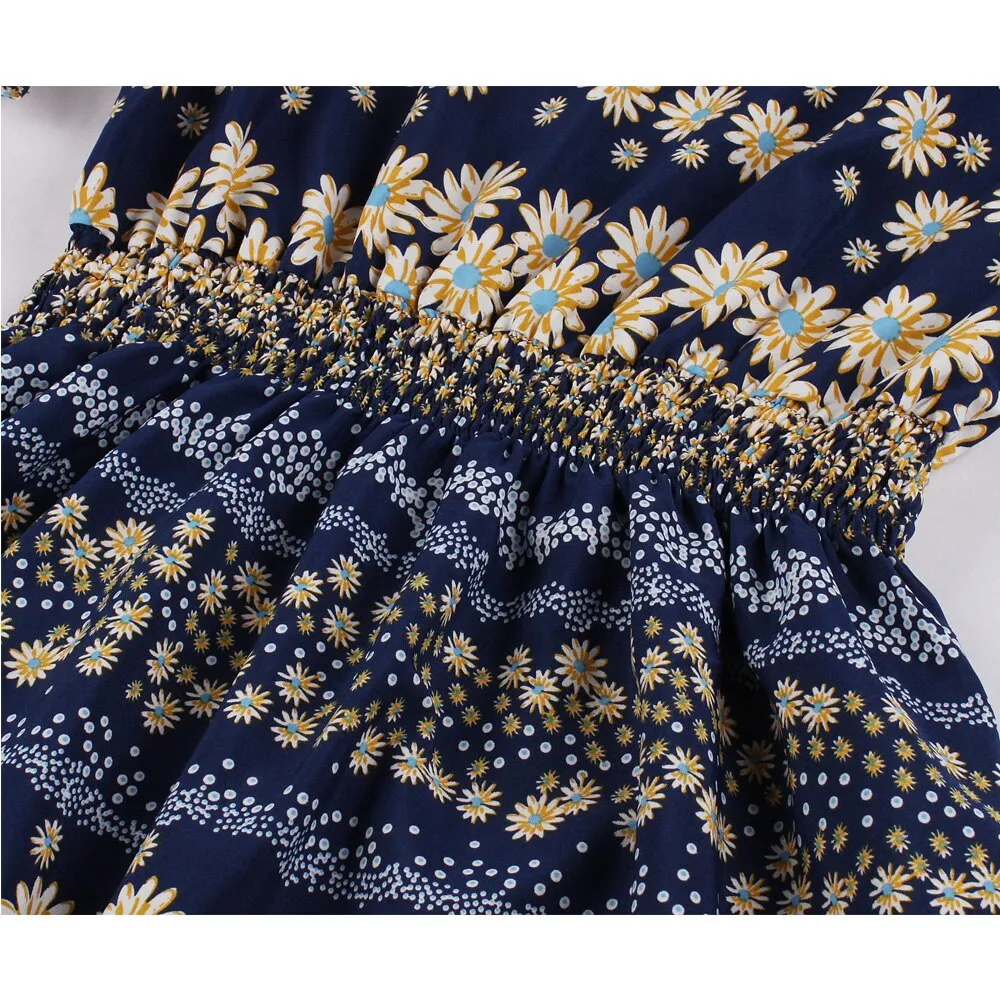 Navy Blue Floral Women Vintage Puff Sleeve Elastic High Waist Midi Robe Retro Casual Dress