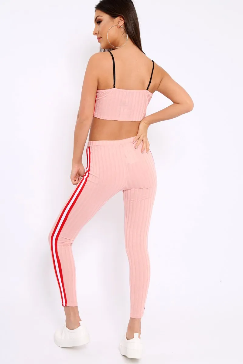 Nude Ribbed Contrast Side Stripe Co-ord - Kaity