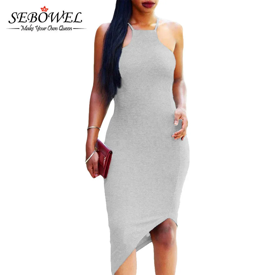 Oblique Hem Cold Shoulder Knee Length Backless  Casual Dress Midi Sleeveess Black Bodycon Dress Robe Moulante SM6