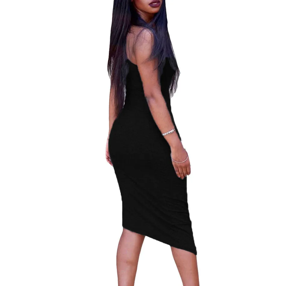 Oblique Hem Cold Shoulder Knee Length Backless  Casual Dress Midi Sleeveess Black Bodycon Dress Robe Moulante SM6