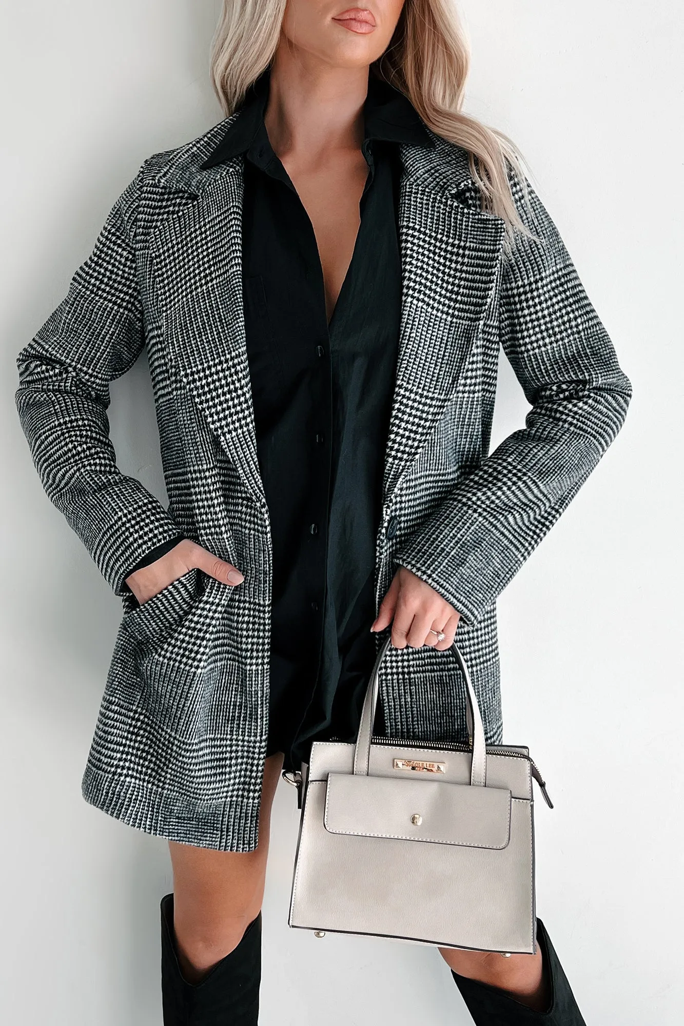 Office Crush Houndstooth Plaid Coat (Black)