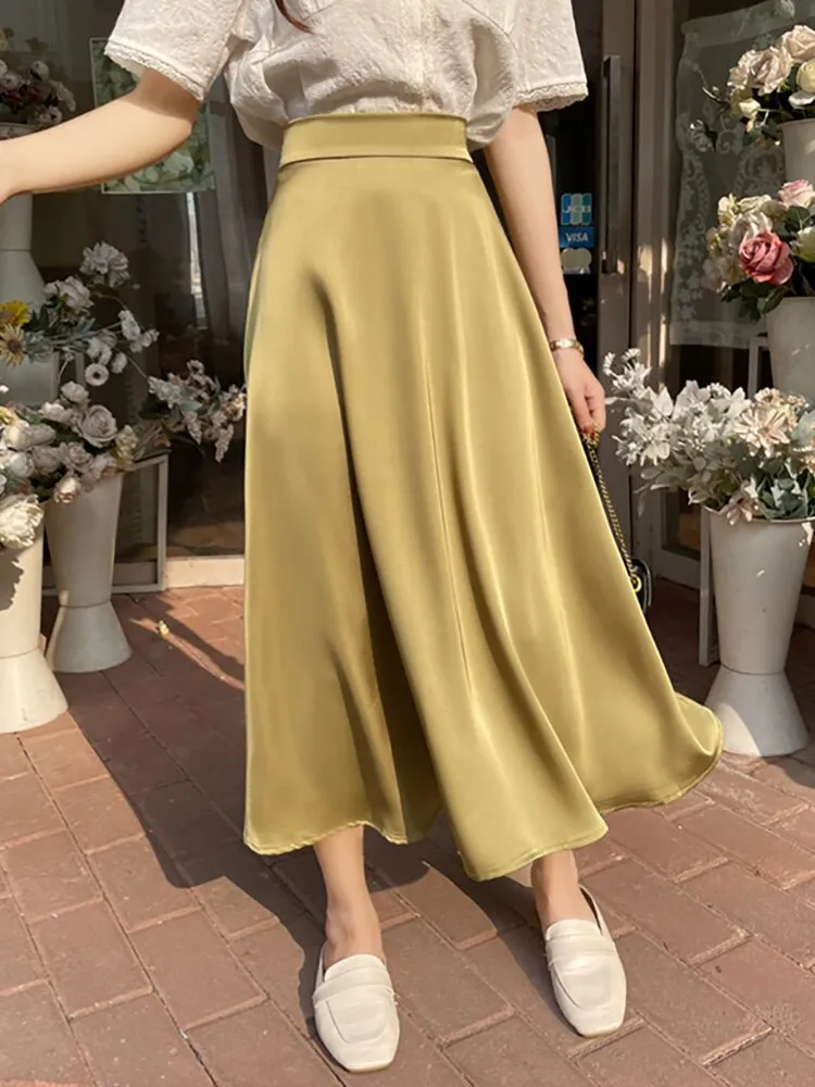 Office Lady Elegant Vintage Satin Skirt Women Elastic High Waist Casual A Line Midi Skirt