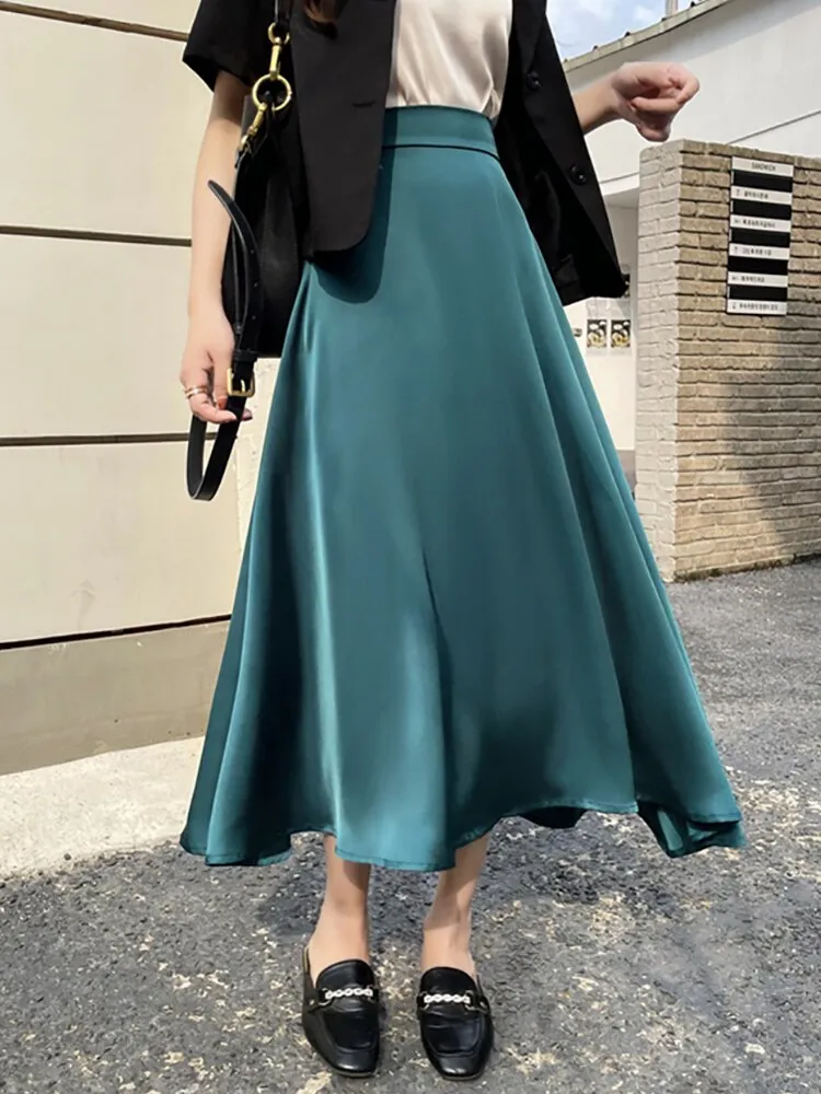 Office Lady Elegant Vintage Satin Skirt Women Elastic High Waist Casual A Line Midi Skirt