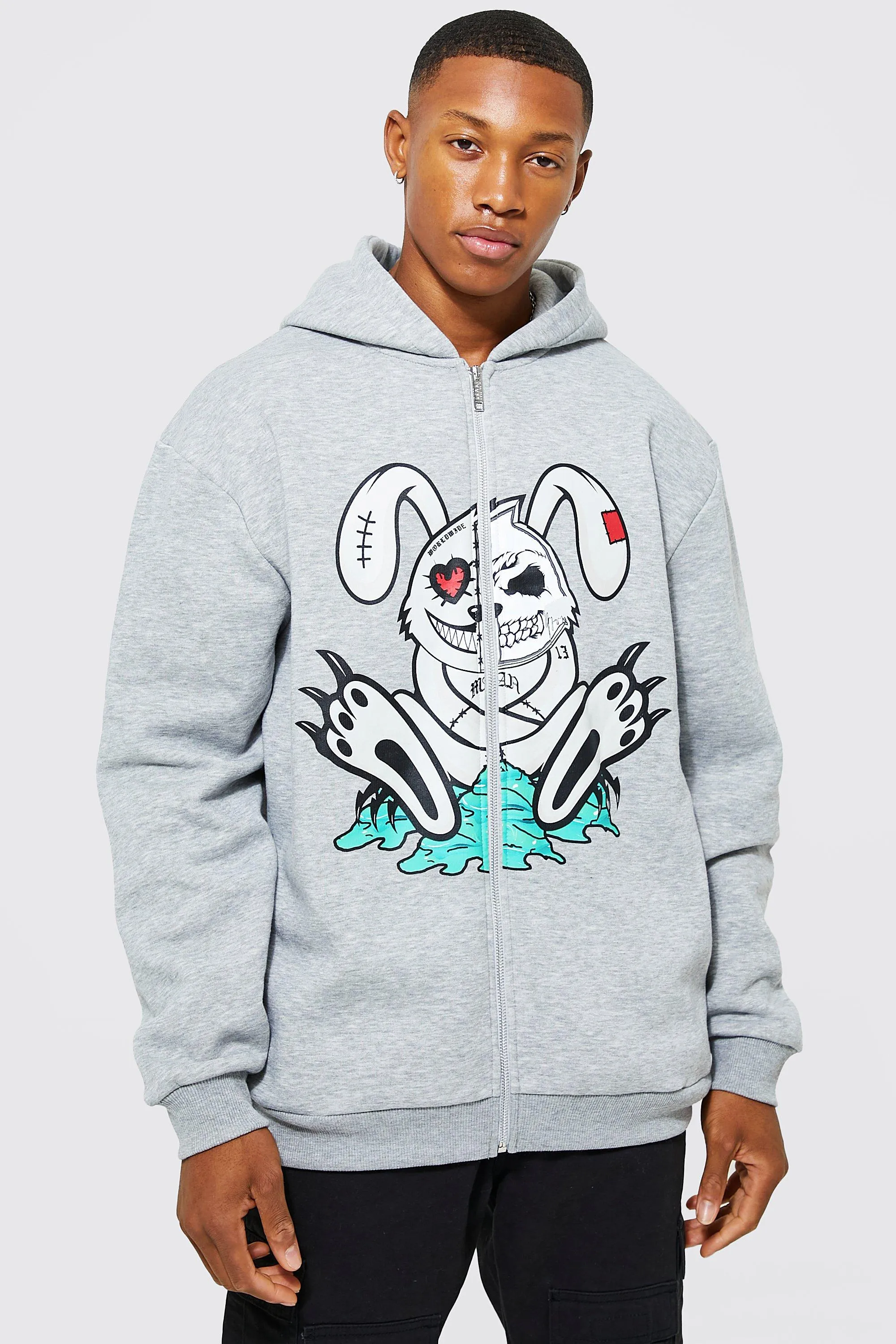 Oversized Evil Bunny Zip Through Hoodie | boohooMAN UK