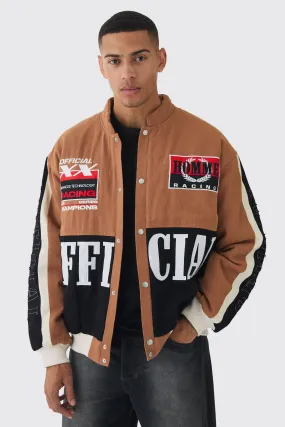 Oversized Official Twill Padded Moto Jacket In Brown