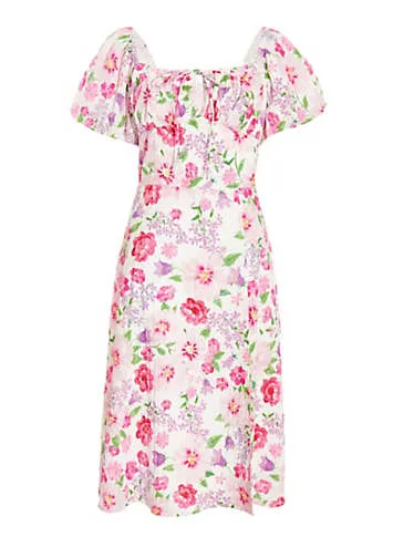 Pink Floral Textured Woven Midi Dress with Puff Sleeves by Quiz | Look Again