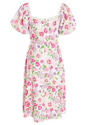 Pink Floral Textured Woven Midi Dress with Puff Sleeves by Quiz | Look Again