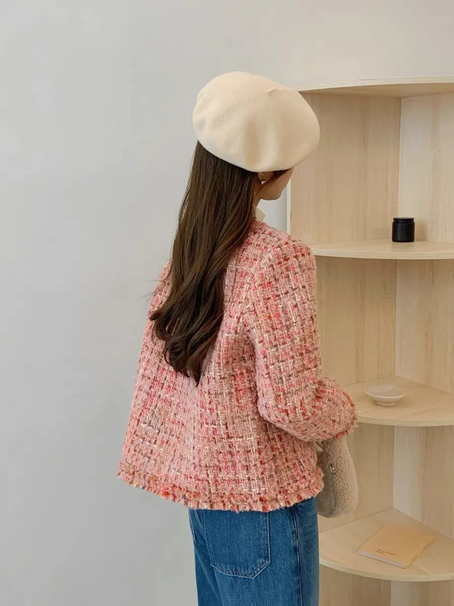 Pink small fragrant woolen coat for women, new autumn and winter style, this year's popular high-end lady wool tweed top