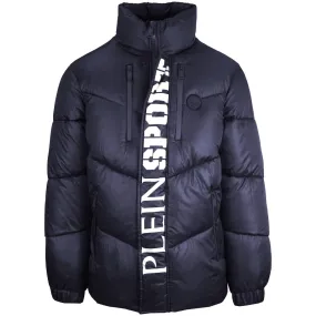 Plein Sport Bold Vertical Logo Shiny Padded Navy Blue Jacket