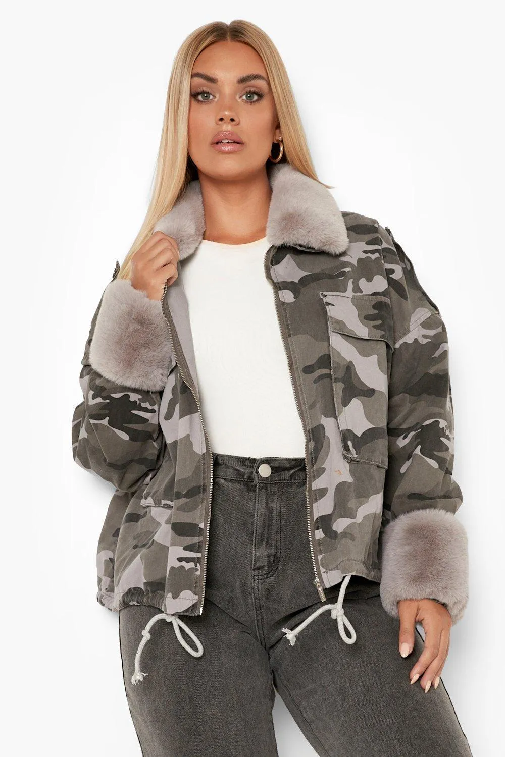 Plus Detachable Faux Fur Trim Denim Jacket