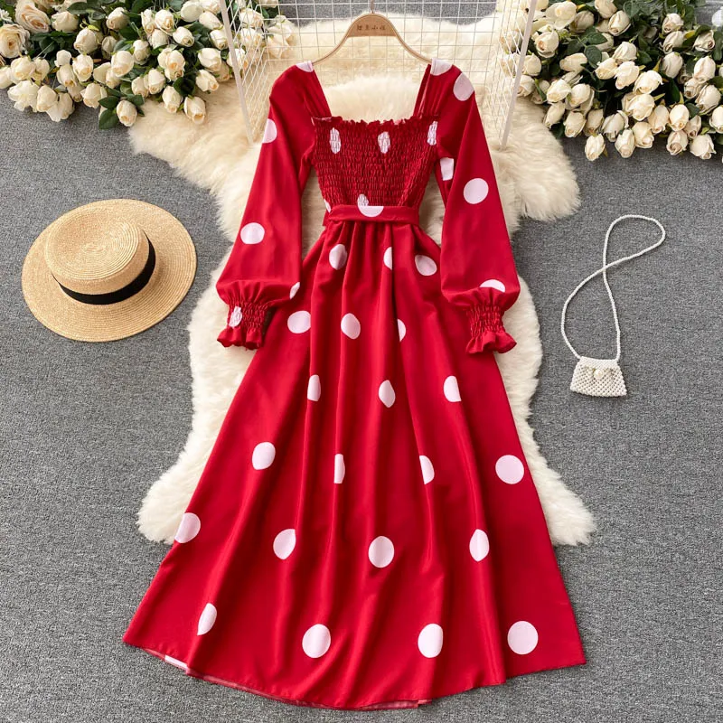 Polka Dot Elegant Vintage Dress Autumn Square Neck Long Sleeve Shirred Casual Midi Dress With Belt