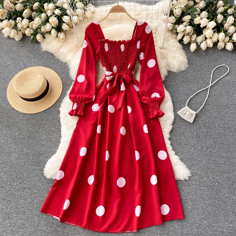 Polka Dot Elegant Vintage Dress Autumn Square Neck Long Sleeve Shirred Casual Midi Dress With Belt