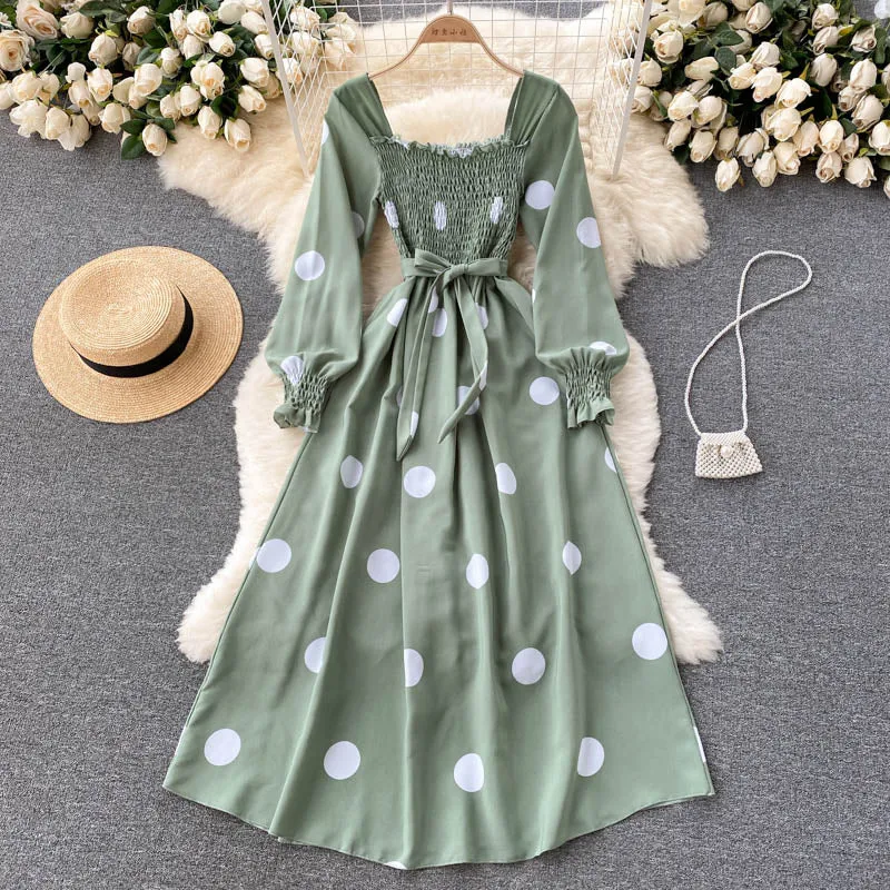 Polka Dot Elegant Vintage Dress Autumn Square Neck Long Sleeve Shirred Casual Midi Dress With Belt