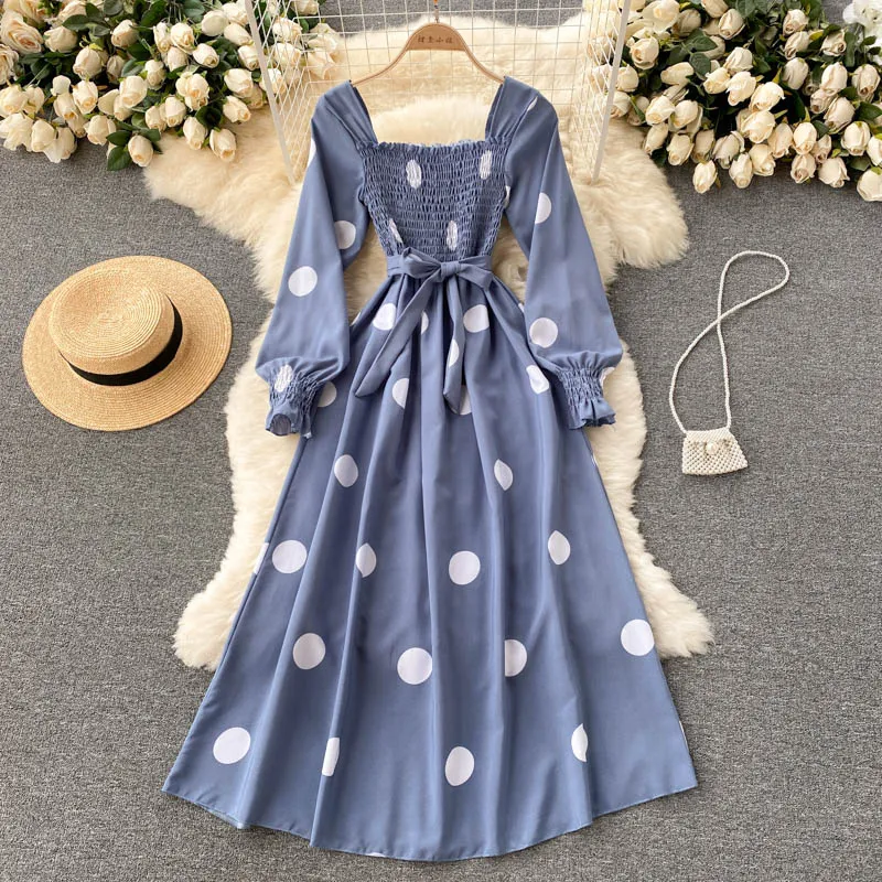 Polka Dot Elegant Vintage Dress Autumn Square Neck Long Sleeve Shirred Casual Midi Dress With Belt