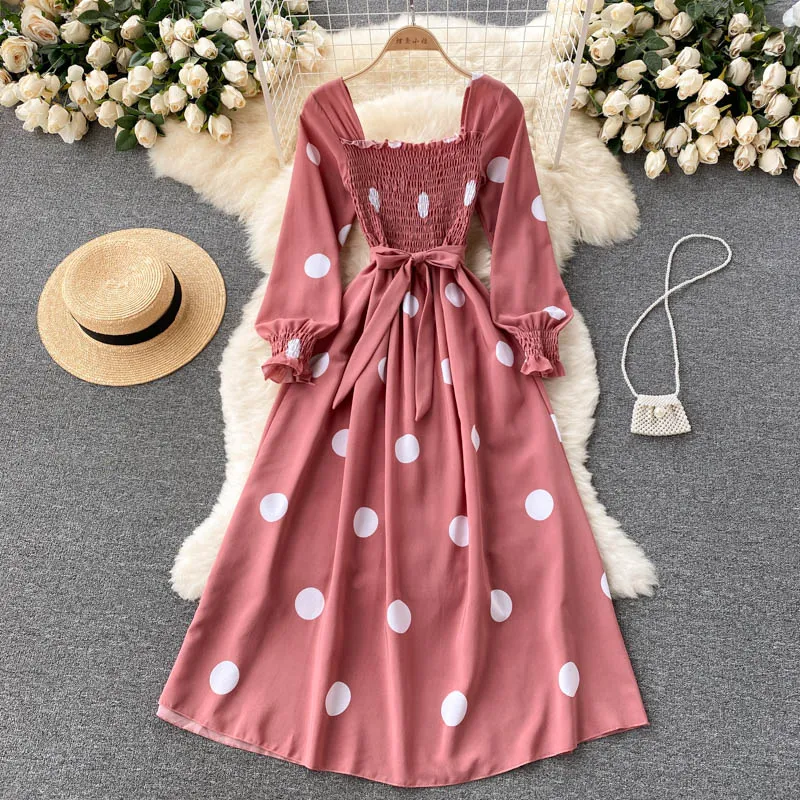 Polka Dot Elegant Vintage Dress Autumn Square Neck Long Sleeve Shirred Casual Midi Dress With Belt